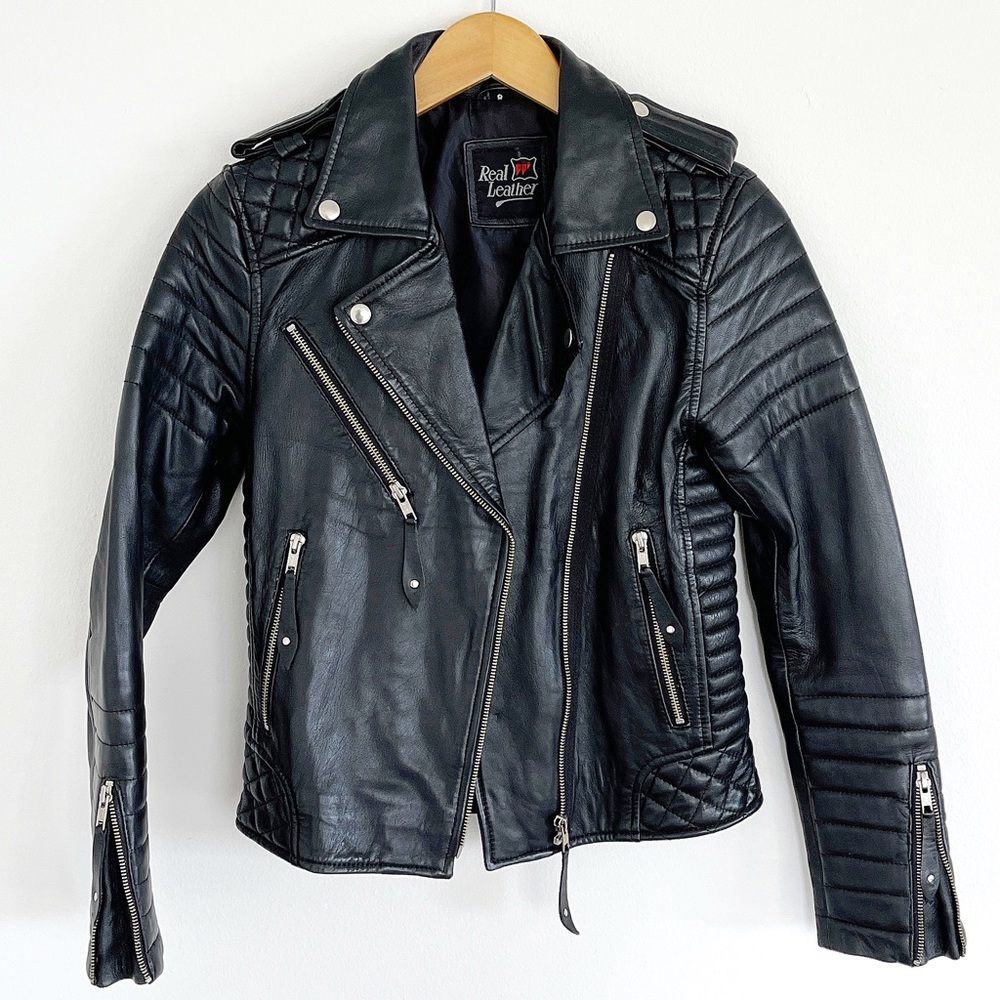 Black leather biker moto jacket sz S